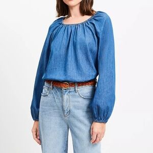 LOFT Chambray Round Neck Long Sleeves Relaxed Fit Top, Medium, Blue